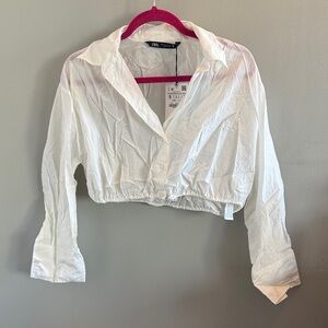 Zara Cropped White Button Down Shirt Size S